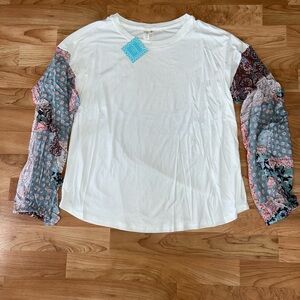 Hayden White Top with Multicolor Patterned Sleeves